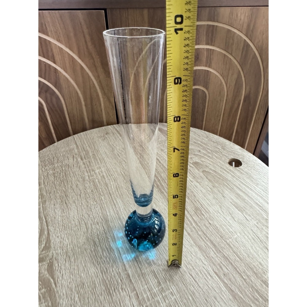 10" Art Glass Bud Vase Aqua Bubble Base Sommerso Style Hand Blown Mid Century - Picture 4 of 4